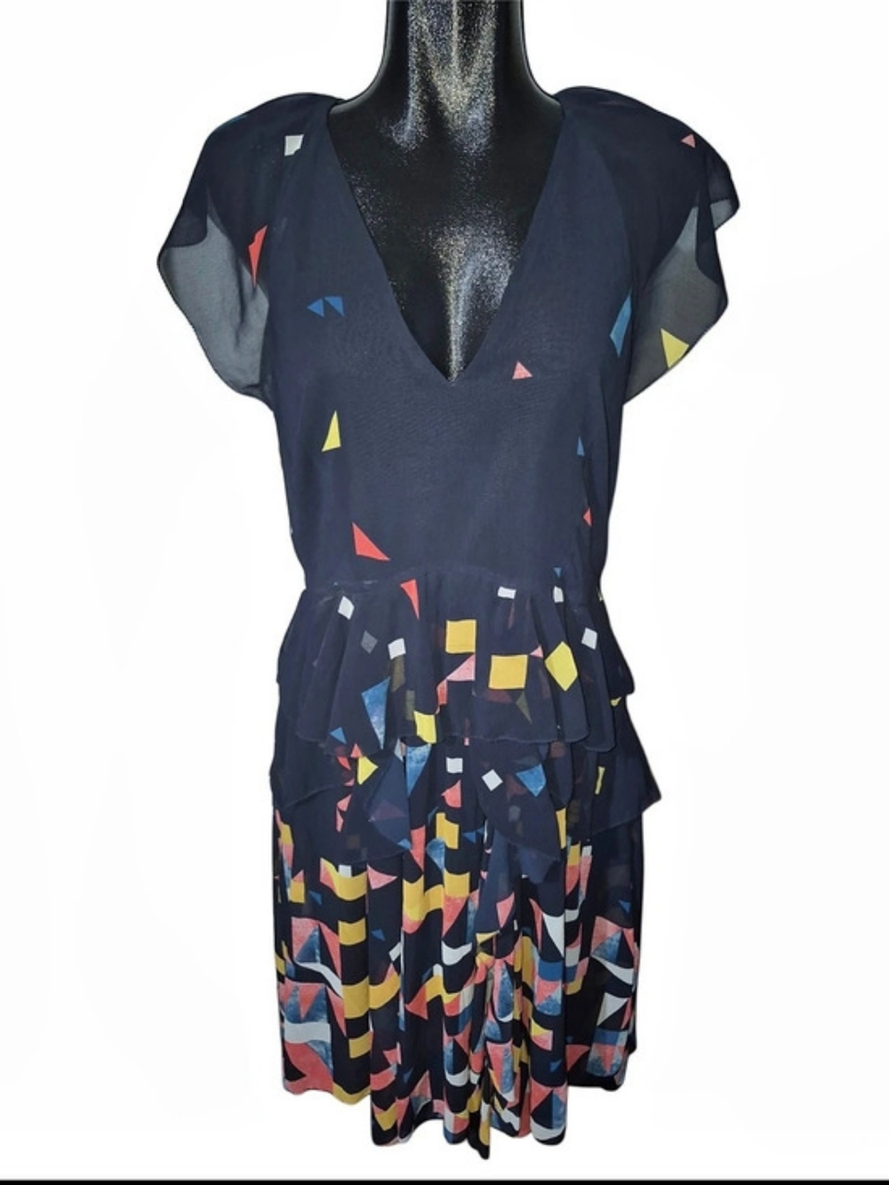 Maison Cinqcent Navy Colorful Geometric High-low Short Sleeve Tiered Dress L